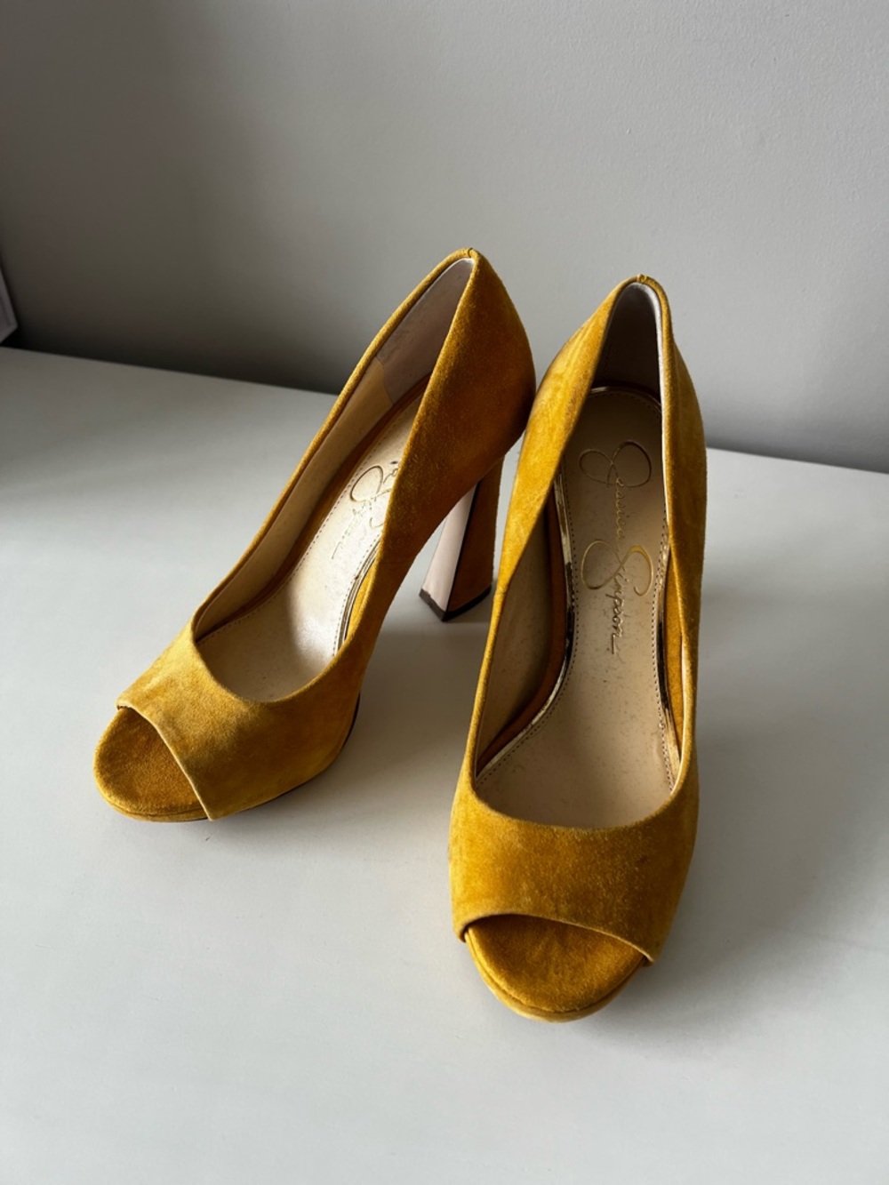 Jessica Simpson Mustard Suede Peep-Toe Block Heels